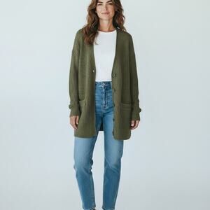 Forever 21 Long Dark Green Knit Cardigan Sweater Pockets Small Cottage Cabin